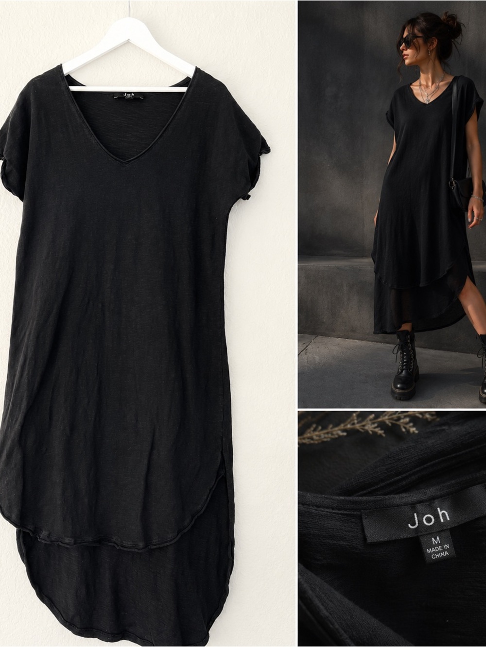 Joh Black High Low Tunic Dress Medium Boho Minimalist Sheer Layered Midi M